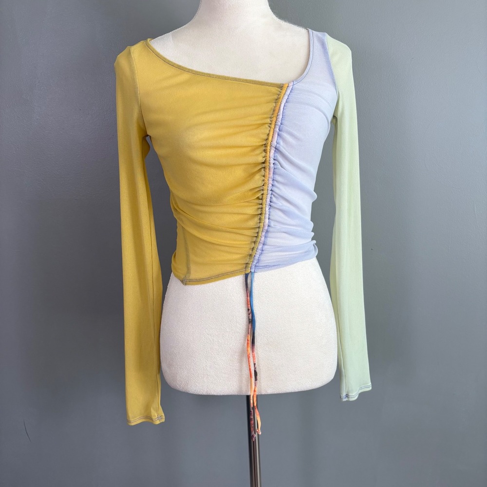 Urban Outfitters Shona Mesh Cinched Crop Top S Colorblock Tie Rave Club Festival - Picture 2 of 8